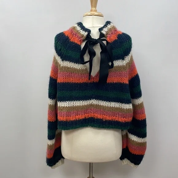 Zara Striped Slouchy Chunky Knit Balloon Sleeve Crop Sweater Retro Boho Small - Picture 7 of 12